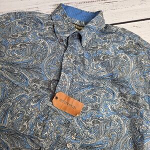 New Stetson Mens Large Long Sleeve Button Down Shirt Blue Paisley Western Cotton